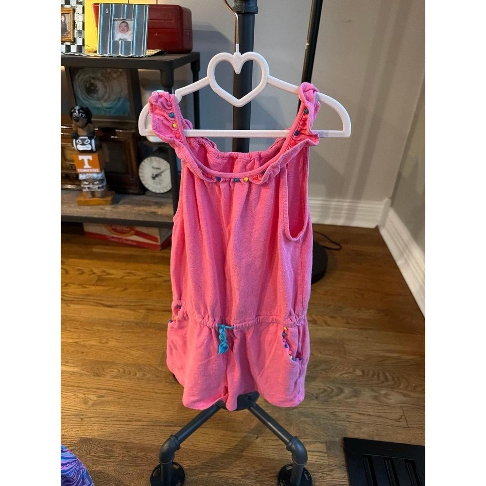 Mini Boden pink romper vibrant pom-pom trim along the neckline girls 5-6